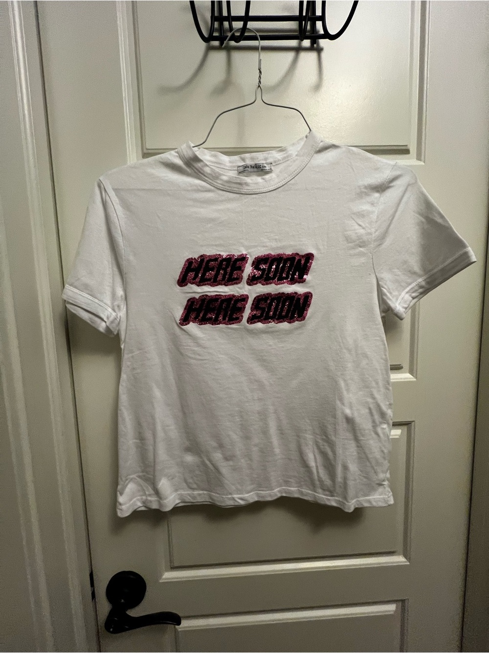 Zara White Tee with Pink Sequin 'HERE SOON' Graphic